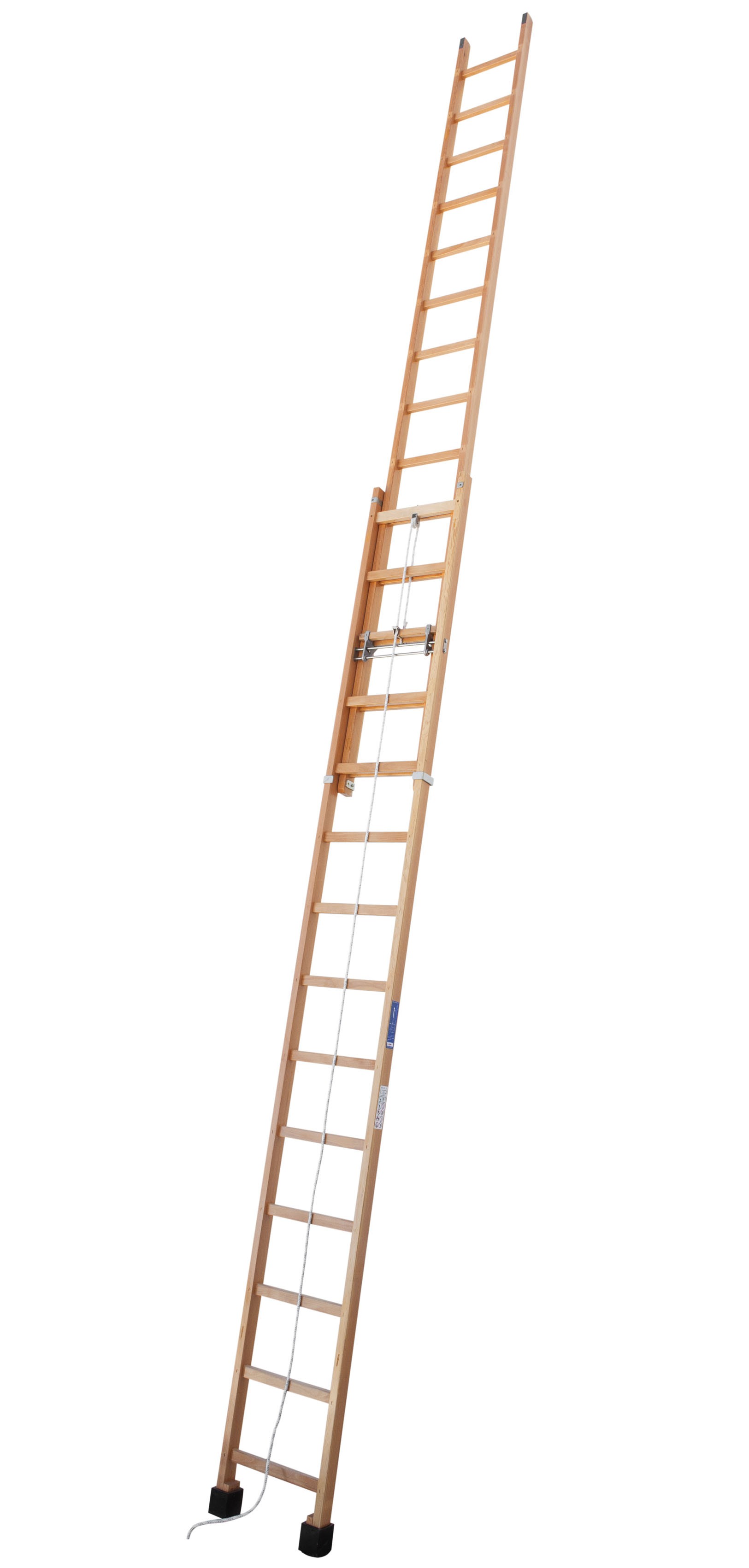 Escalera de madera extensible con sistema de cuerda y polea